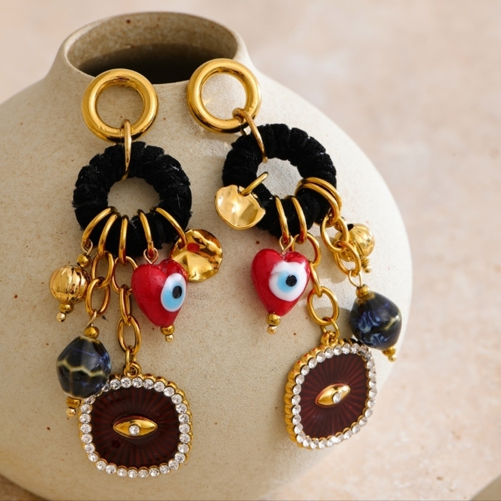 New! Evil Eye Mystic Medallion Earrings Dangle Gold Plated | NWOT